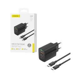 Carregador Foneng EU66 2 Portas USB-A+Tipo-C PD 20W com Cabo Tipo-C para Tipo-C 1m Preto